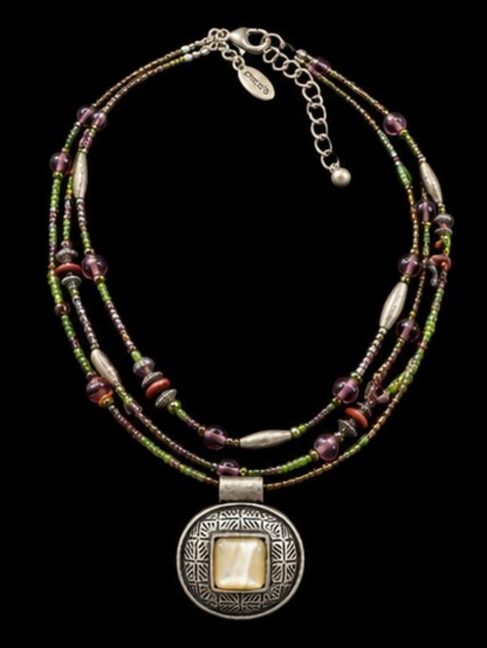 Chico's Layered Beaded Necklace Mixed Metals Purple Green Artisan Pendant Boho